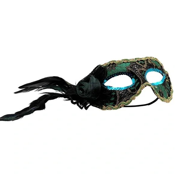 🎭TEAL/BLACK MASQUERADE HALLOWEEN MASK WITH SEQUINS, LACE, FABRIC ROSE & FEATHER - Picture 6 of 6